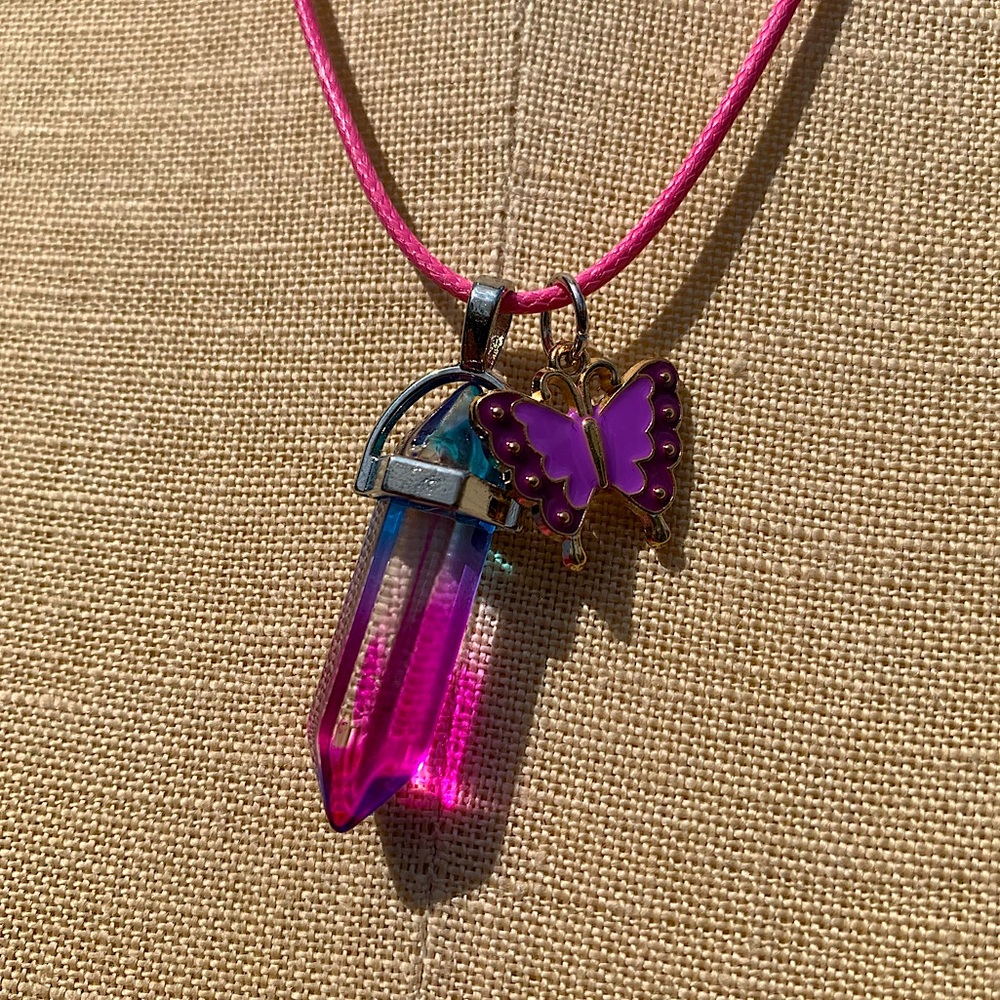 Handmade Cotton Candy Resin Crystal Amulet Necklace & Butterfly Charm
